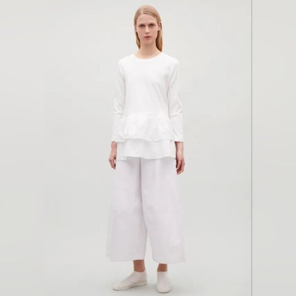 COS White Cotton Jersey + Poplin Double Peplum Ruffle Top XS - Picture 2 of 8